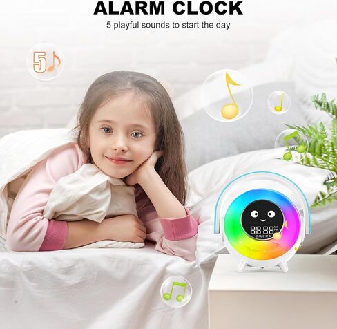منبه مع ضوء RGB، ضوء ليلي، عرض وجه مبتسم لطيف، متوافق مع بلوتوث، جهاز صوت وموافق لإيقاظ ساعة منبه للأطفال الصغار والأطفال (متدرج) in Kuwait