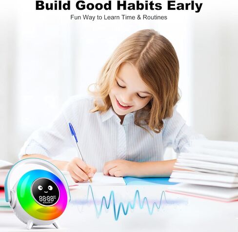 منبه مع ضوء RGB، ضوء ليلي، عرض وجه مبتسم لطيف، متوافق مع بلوتوث، جهاز صوت وموافق لإيقاظ ساعة منبه للأطفال الصغار والأطفال (متدرج) in Kuwait