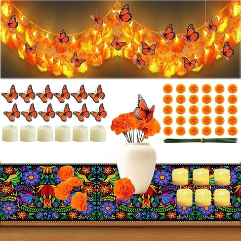 83pcs Dia De Los Muertos Decorations Ofrenda Kit - Day of The Dead Altar Decor Set,2 Marigold Garland 30 Marigold Flowers & Stems,Table Runner,12 Monarch Butterfly 6 Candle (Table Runner-Flower) in Saudi Arabia