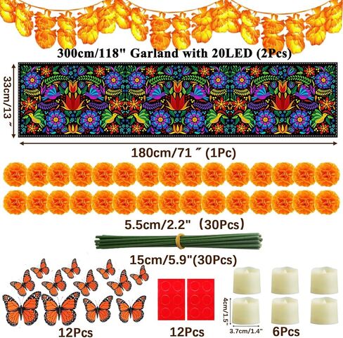 83pcs Dia De Los Muertos Decorations Ofrenda Kit - Day of The Dead Altar Decor Set,2 Marigold Garland 30 Marigold Flowers & Stems,Table Runner,12 Monarch Butterfly 6 Candle (Table Runner-Flower) in Saudi Arabia