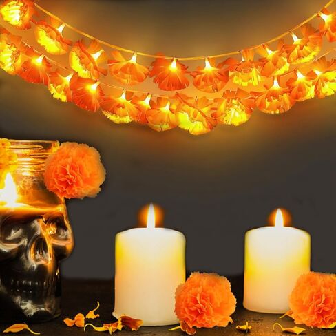 83pcs Dia De Los Muertos Decorations Ofrenda Kit - Day of The Dead Altar Decor Set,2 Marigold Garland 30 Marigold Flowers & Stems,Table Runner,12 Monarch Butterfly 6 Candle (Table Runner-Flower) in Saudi Arabia