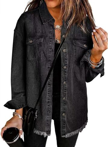 Women's Casual Denim Jacket Distressed Washed Oversized Shirt Jackets Vintage Frayed Hem Button Lapel Jean Coat in Saudi Arabia