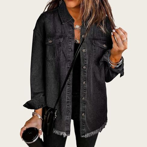 Women's Casual Denim Jacket Distressed Washed Oversized Shirt Jackets Vintage Frayed Hem Button Lapel Jean Coat in Saudi Arabia