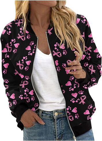 Zip Up Jackets for Women Pink Ribbon Print October Breast Cancer Awareness Jacket Coats Lightweight Casual Outerwear in Saudi Arabia