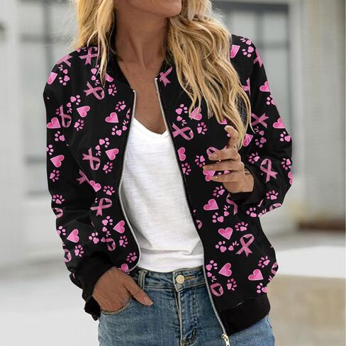 Zip Up Jackets for Women Pink Ribbon Print October Breast Cancer Awareness Jacket Coats Lightweight Casual Outerwear in Saudi Arabia