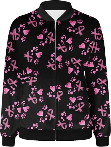 Zip Up Jackets for Women Pink Ribbon Print October Breast Cancer Awareness Jacket Coats Lightweight Casual Outerwear in Saudi Arabia