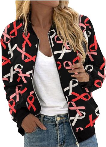 Zip Up Jackets for Women Pink Ribbon Print October Breast Cancer Awareness Jacket Coats Lightweight Casual Outerwear in Saudi Arabia