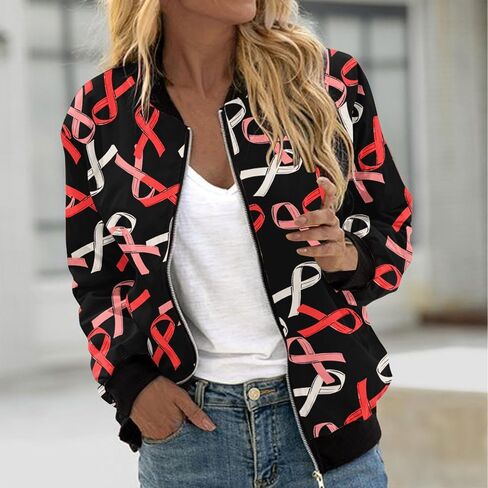 Zip Up Jackets for Women Pink Ribbon Print October Breast Cancer Awareness Jacket Coats Lightweight Casual Outerwear in Saudi Arabia