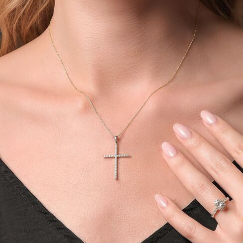 Gem Stone King 10K Yellow Gold White Lab Grown Diamond Cross Crucifix Pendant Necklace For Women (0.14 Cttw, G-H Color, 36 Diamonds, 1 1/4 inch, Comes with 18 Inch Chain) in Saudi Arabia