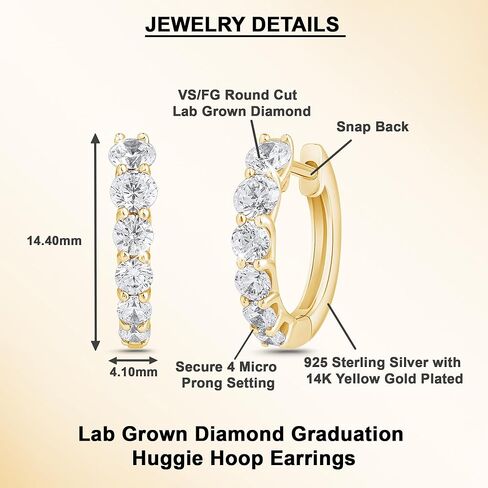 1.40 CT Round Cut Lab Grown Diamond Graduation Huggie Hoop | 14k Yellow or 14k White Gold Plated 925 Sterling Silver Earrings for Women (Color: FG, Clarity: VS) in Saudi Arabia