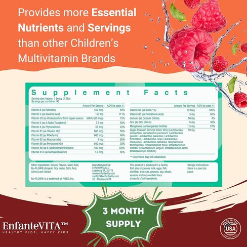 Kids Vitamins Powder – 90-Day Supply – Vegan D3 with Probiotics – Physician-Formulated 15+ Multivitamins – Non-GMO – Made in USA (Natural Raspberry) in Saudi Arabia