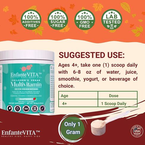 Kids Vitamins Powder – 90-Day Supply – Vegan D3 with Probiotics – Physician-Formulated 15+ Multivitamins – Non-GMO – Made in USA (Natural Raspberry) in Saudi Arabia