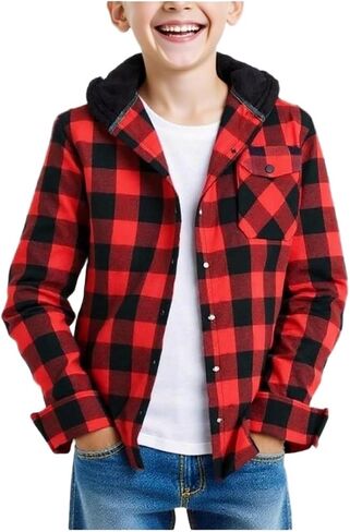 Boys Flannel Hoodie Shirts Plaid Button Down Jackets Long Sleeve Stylish Blouse Fall Winter Casual Tops with Pocket in Saudi Arabia