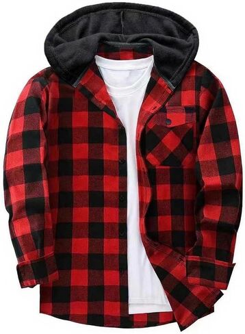 Boys Flannel Hoodie Shirts Plaid Button Down Jackets Long Sleeve Stylish Blouse Fall Winter Casual Tops with Pocket in Saudi Arabia