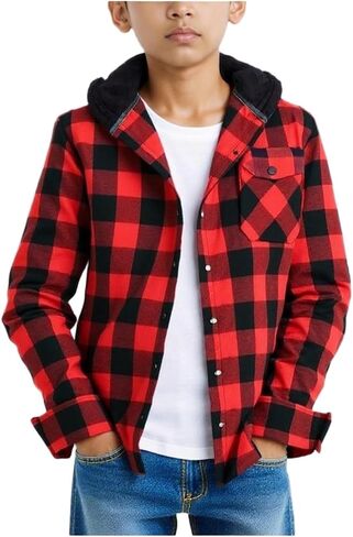 Boys Flannel Hoodie Shirts Plaid Button Down Jackets Long Sleeve Stylish Blouse Fall Winter Casual Tops with Pocket in Saudi Arabia