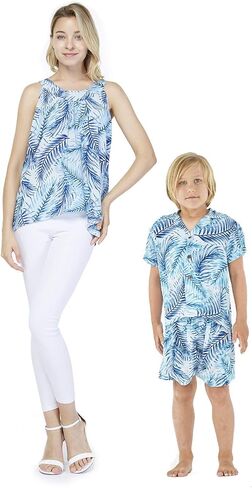 Matching Mother Son Hawaiian Luau Outfit Top Shirt in Neon Sunset in Saudi Arabia