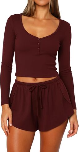 Women Sexy Pajama Set Long Sleeve Henley Crop Top and Split Shorts Pjs Lounge Set Sleepwear in Saudi Arabia