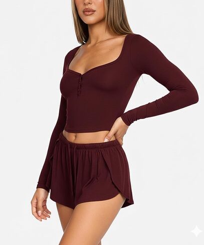 Women Sexy Pajama Set Long Sleeve Henley Crop Top and Split Shorts Pjs Lounge Set Sleepwear in Saudi Arabia