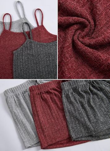 3 مجموعات للنساء بيجامات مضلعة مجموعة توب قصير وسروال قصير زر صالة مجموعة بلا أكمام ملابس نوم Pjs in Kuwait