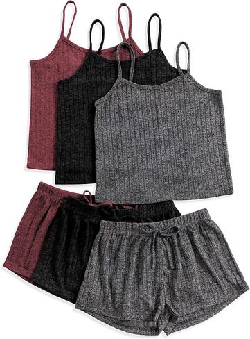 3 مجموعات للنساء بيجامات مضلعة مجموعة توب قصير وسروال قصير زر صالة مجموعة بلا أكمام ملابس نوم Pjs in Kuwait