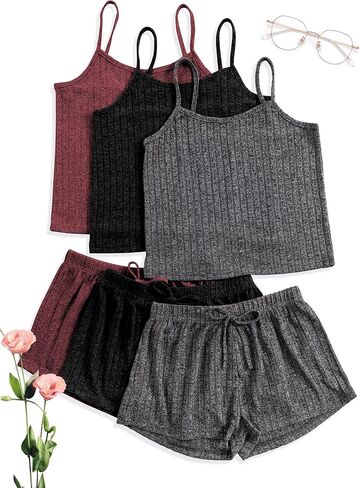 3 مجموعات للنساء بيجامات مضلعة مجموعة توب قصير وسروال قصير زر صالة مجموعة بلا أكمام ملابس نوم Pjs in Kuwait