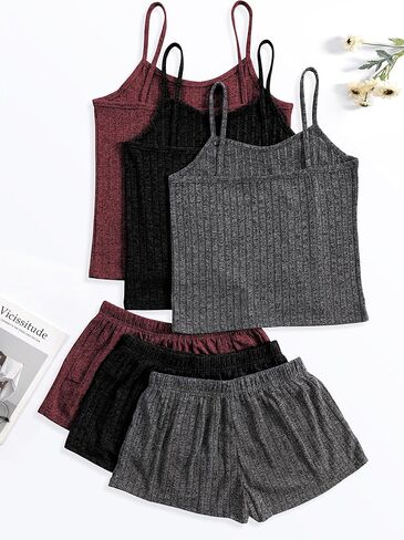 3 مجموعات للنساء بيجامات مضلعة مجموعة توب قصير وسروال قصير زر صالة مجموعة بلا أكمام ملابس نوم Pjs in Kuwait