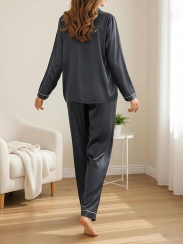 Womens Pajama Set,Long Sleeve Button Down,Satin Pajamas for Women Set,Two Piece Sleep Set for Home Clothes in Saudi Arabia