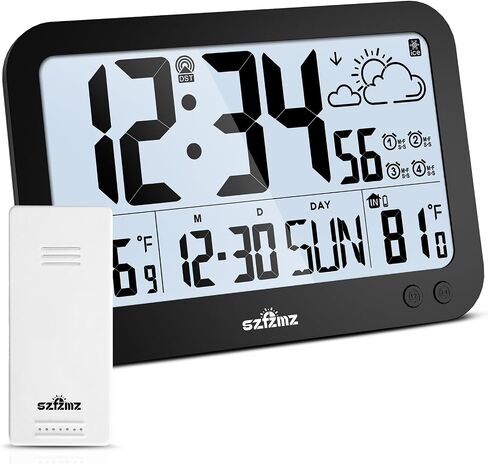 Atomic Clock,10" Digital Clock Large Display, Wall Clocks Battery Operated with Backlight, Wireless Outdoor Sensor, Alarm Clock Indoor Outdoor Temp, 4 Time Zones, Auto DST, Clock for Bedroom (Black) in Saudi Arabia