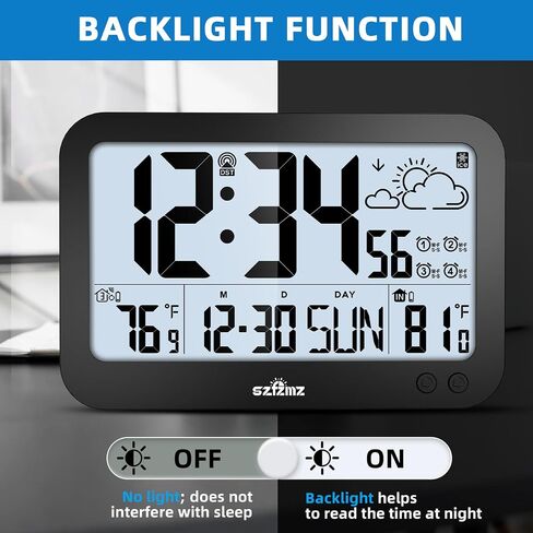Atomic Clock,10" Digital Clock Large Display, Wall Clocks Battery Operated with Backlight, Wireless Outdoor Sensor, Alarm Clock Indoor Outdoor Temp, 4 Time Zones, Auto DST, Clock for Bedroom (Black) in Saudi Arabia