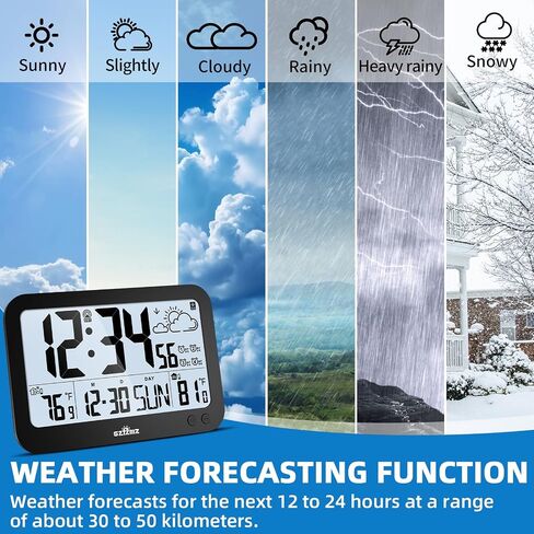 Atomic Clock,10" Digital Clock Large Display, Wall Clocks Battery Operated with Backlight, Wireless Outdoor Sensor, Alarm Clock Indoor Outdoor Temp, 4 Time Zones, Auto DST, Clock for Bedroom (Black) in Saudi Arabia