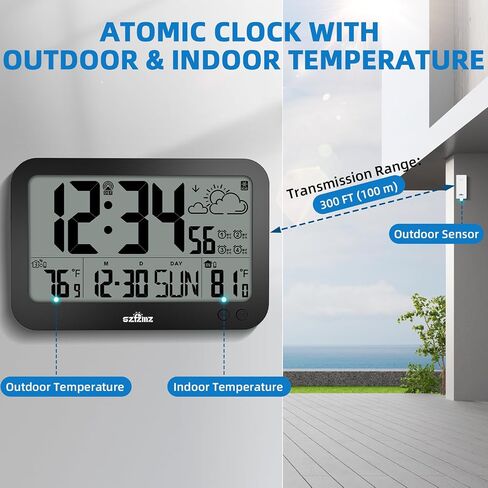 Atomic Clock,10" Digital Clock Large Display, Wall Clocks Battery Operated with Backlight, Wireless Outdoor Sensor, Alarm Clock Indoor Outdoor Temp, 4 Time Zones, Auto DST, Clock for Bedroom (Black) in Saudi Arabia
