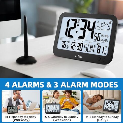 Atomic Clock,10" Digital Clock Large Display, Wall Clocks Battery Operated with Backlight, Wireless Outdoor Sensor, Alarm Clock Indoor Outdoor Temp, 4 Time Zones, Auto DST, Clock for Bedroom (Black) in Saudi Arabia