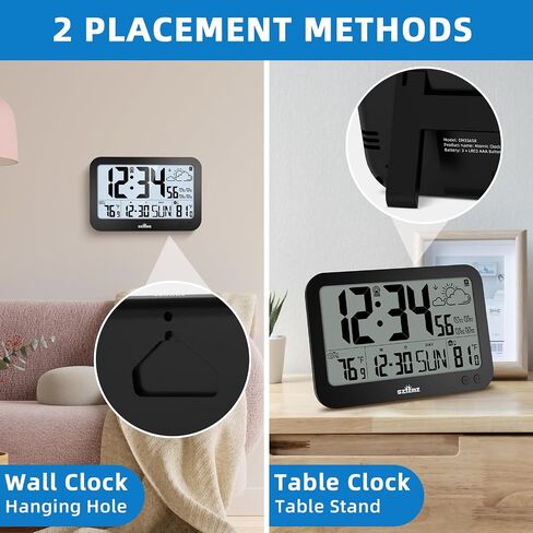 Atomic Clock,10" Digital Clock Large Display, Wall Clocks Battery Operated with Backlight, Wireless Outdoor Sensor, Alarm Clock Indoor Outdoor Temp, 4 Time Zones, Auto DST, Clock for Bedroom (Black) in Saudi Arabia