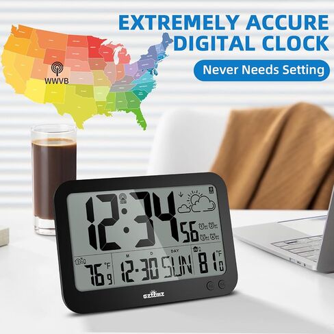 Atomic Clock,10" Digital Clock Large Display, Wall Clocks Battery Operated with Backlight, Wireless Outdoor Sensor, Alarm Clock Indoor Outdoor Temp, 4 Time Zones, Auto DST, Clock for Bedroom (Black) in Saudi Arabia