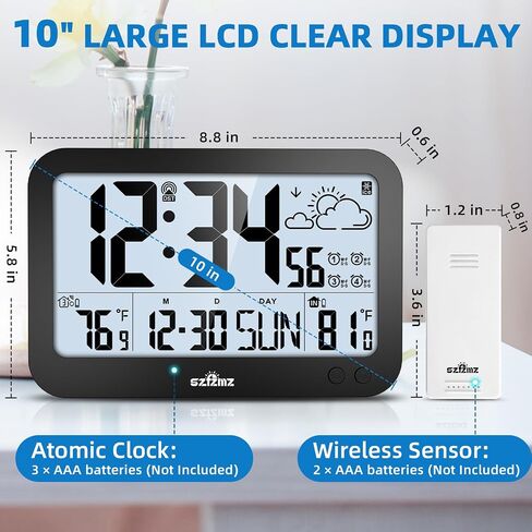 Atomic Clock,10" Digital Clock Large Display, Wall Clocks Battery Operated with Backlight, Wireless Outdoor Sensor, Alarm Clock Indoor Outdoor Temp, 4 Time Zones, Auto DST, Clock for Bedroom (Black) in Saudi Arabia
