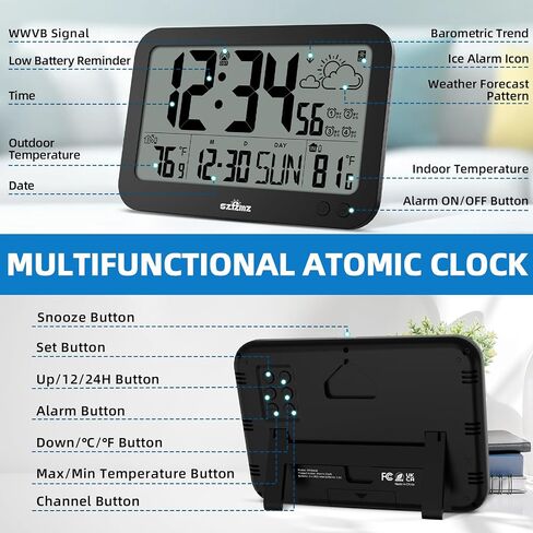 Atomic Clock,10" Digital Clock Large Display, Wall Clocks Battery Operated with Backlight, Wireless Outdoor Sensor, Alarm Clock Indoor Outdoor Temp, 4 Time Zones, Auto DST, Clock for Bedroom (Black) in Saudi Arabia