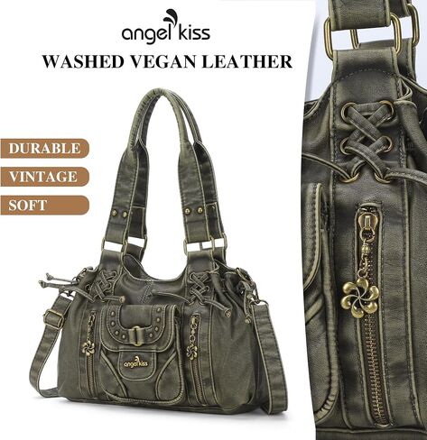 Angel Kiss Small hobo Bags for Women Retro Washed Leather Shoulder Handbag Roomy Top Handles Purses With Removable Strap in Kuwait