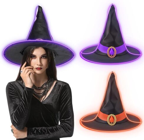 2 Pcs Lighted Halloween Witch Hats for Women Light up Witch Hat with LED Light for Halloween Cosplay Favors Costume in Saudi Arabia