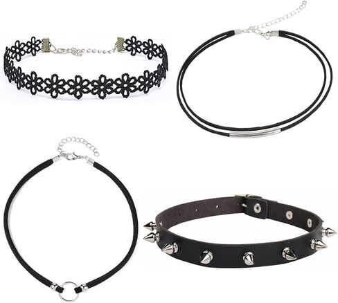4 Pcs Choker Necklace For Women Black Adjustable Layered Velvet Leather Lace Collar Necklace Goth Jewelry Gifts in Saudi Arabia