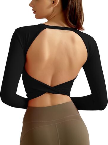 Yvette Womens Backless Long Sleeve Crop Tops Slim Fit Shirts for Yoga in Kuwait