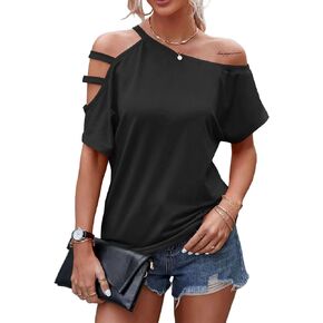 LilyCoco Women's Off The Shoulder Top Short Sleeve Cutout Asymmetrical Neck T Shirt in Kuwait