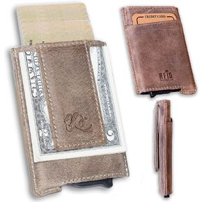 محفظة رجالية منبثقة تلقائيًا بخاصية RFID، جلد محبب بالكامل، سعة 7 بطاقات (بني داكن) in Kuwait