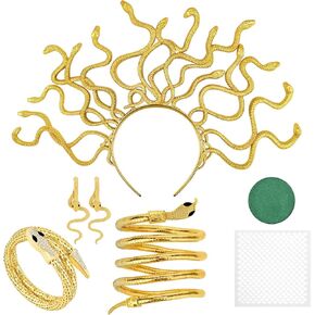6 Pcs Medusa Snake Costume Accessories Include Golden Snake Headband Necklace Earrings Bracelet Green Eye-Shadow Scale Template for Women Halloween Dress up in Kuwait