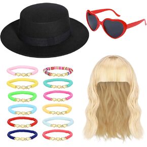 4 قطع زي مغني الهالوين تتضمن قبعة فيدورا سوداء، شعر مستعار أشقر، نظارات شمسية على شكل قلب وأساور الصداقة للنساء في الحفلات الموسيقية والمهرجانات in Kuwait