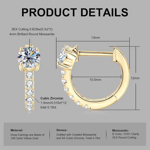 أقراط مويسانيت مويسانيت الصلبة ، 0.7CT/1.2CT مستديرة رائعة ، تقليد أقراط الماس ، أقراط 10K الذهب الصفراء حلق للنساء الرجال ، الأطواق الذهبية للمجوهرات الزفاف. in Saudi Arabia