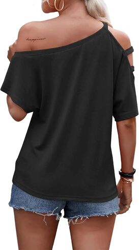 LilyCoco Women's Off The Shoulder Top Short Sleeve Cutout Asymmetrical Neck T Shirt in Kuwait
