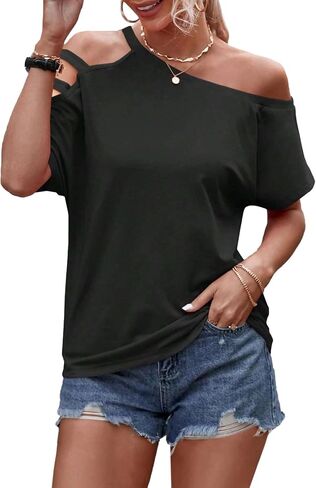 LilyCoco Women's Off The Shoulder Top Short Sleeve Cutout Asymmetrical Neck T Shirt in Kuwait