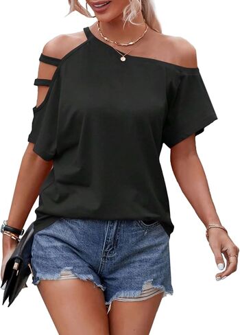 LilyCoco Women's Off The Shoulder Top Short Sleeve Cutout Asymmetrical Neck T Shirt in Kuwait