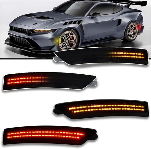 مجموعة إضاءة جانبية LED مدخنة لسيارة فورد موستانج 2024-2025 (EcoBoost/GT/Dark Horse) - إشارات انعطاف متسلسلة ديناميكية (أمامي كهرماني + خلفي أحمر) | 4 قطع بديلة ملائمة مباشرة in Kuwait