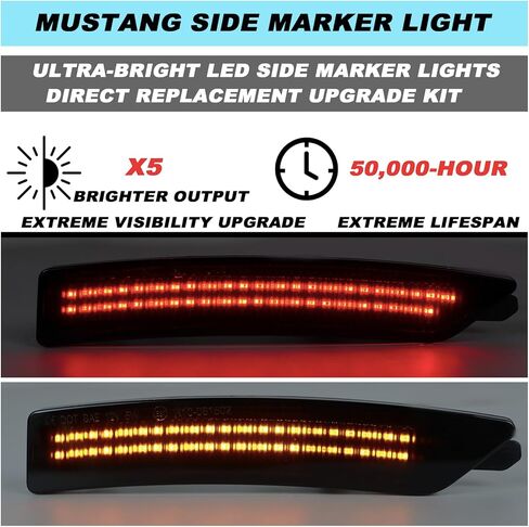 مجموعة إضاءة جانبية LED مدخنة لسيارة فورد موستانج 2024-2025 (EcoBoost/GT/Dark Horse) - إشارات انعطاف متسلسلة ديناميكية (أمامي كهرماني + خلفي أحمر) | 4 قطع بديلة ملائمة مباشرة in Kuwait